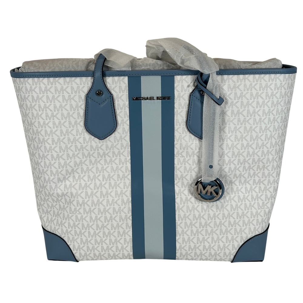 Michael Kors Eva Large Tote Chambray Multi Logo Print Bag ‎ NEW